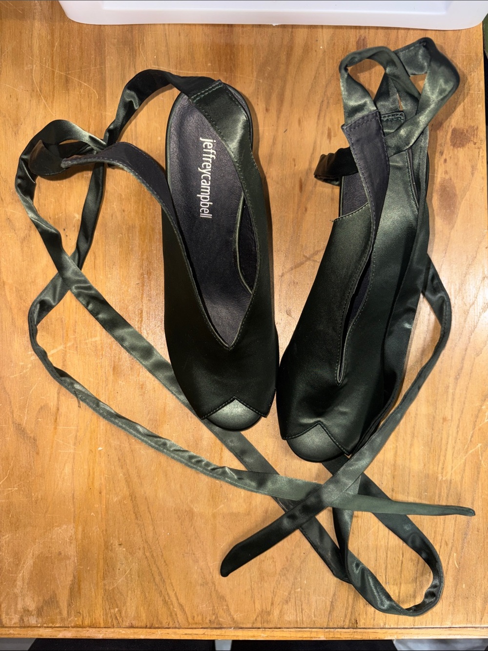 Jeffrey Campbell Emerald Satin Peep-Toe Wrap Heels with Ballerina Ribbon Ties